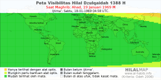 HilalMap: Peta Visibilitas Hilal Dzulqaidah 1388 H: rukyat tanggal 1969-1-19 M