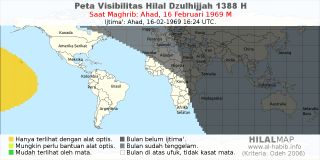 HilalMap: Peta Visibilitas Hilal Dzulhijjah 1388 H: rukyat tanggal 1969-2-16 M