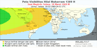 HilalMap: Peta Visibilitas Hilal Muharram 1389 H: rukyat tanggal 1969-3-18 M