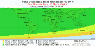 HilalMap: Peta Visibilitas Hilal Muharram 1389 H: rukyat tanggal 1969-3-19 M