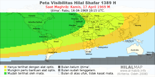 HilalMap: Peta Visibilitas Hilal Shafar 1389 H: rukyat tanggal 1969-4-17 M