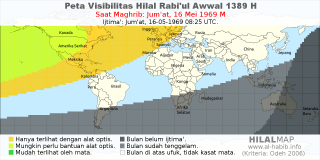 HilalMap: Peta Visibilitas Hilal Rabiul-Awwal 1389 H: rukyat tanggal 1969-5-16 M