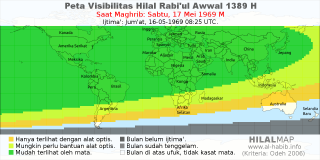 HilalMap: Peta Visibilitas Hilal Rabiul-Awwal 1389 H: rukyat tanggal 1969-5-17 M