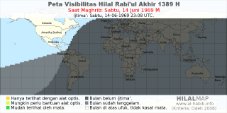 HilalMap: Peta Visibilitas Hilal Rabiul-Akhir 1389 H: rukyat tanggal 1969-6-14 M