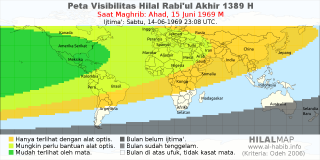 HilalMap: Peta Visibilitas Hilal Rabiul-Akhir 1389 H: rukyat tanggal 1969-6-15 M
