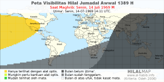 HilalMap: Peta Visibilitas Hilal Jumadal-Awwal 1389 H: rukyat tanggal 1969-7-14 M
