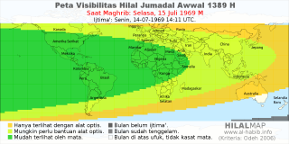 HilalMap: Peta Visibilitas Hilal Jumadal-Awwal 1389 H: rukyat tanggal 1969-7-15 M