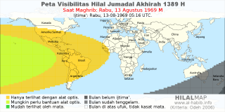 HilalMap: Peta Visibilitas Hilal Jumadal-Akhirah 1389 H: rukyat tanggal 1969-8-13 M