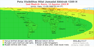 HilalMap: Peta Visibilitas Hilal Jumadal-Akhirah 1389 H: rukyat tanggal 1969-8-14 M