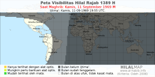 HilalMap: Peta Visibilitas Hilal Rajab 1389 H: rukyat tanggal 1969-9-11 M