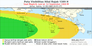 HilalMap: Peta Visibilitas Hilal Rajab 1389 H: rukyat tanggal 1969-9-12 M