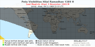 HilalMap: Peta Visibilitas Hilal Ramadhan 1389 H: rukyat tanggal 1969-11-9 M
