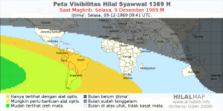 HilalMap: Peta Visibilitas Hilal Syawwal 1389 H: rukyat tanggal 1969-12-9 M