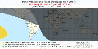 HilalMap: Peta Visibilitas Hilal Dzulqaidah 1389 H: rukyat tanggal 1970-1-7 M