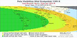 HilalMap: Peta Visibilitas Hilal Dzulqaidah 1389 H: rukyat tanggal 1970-1-8 M