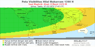 HilalMap: Peta Visibilitas Hilal Muharram 1390 H: rukyat tanggal 1970-3-8 M