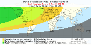 HilalMap: Peta Visibilitas Hilal Shafar 1390 H: rukyat tanggal 1970-4-6 M
