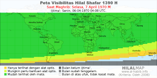 HilalMap: Peta Visibilitas Hilal Shafar 1390 H: rukyat tanggal 1970-4-7 M