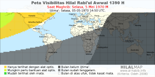 HilalMap: Peta Visibilitas Hilal Rabiul-Awwal 1390 H: rukyat tanggal 1970-5-5 M