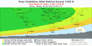HilalMap: Peta Visibilitas Hilal Rabiul-Awwal 1390 H: rukyat tanggal 1970-5-6 M