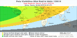 HilalMap: Peta Visibilitas Hilal Rabiul-Akhir 1390 H: rukyat tanggal 1970-6-4 M