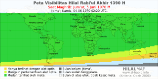 HilalMap: Peta Visibilitas Hilal Rabiul-Akhir 1390 H: rukyat tanggal 1970-6-5 M