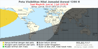 HilalMap: Peta Visibilitas Hilal Jumadal-Awwal 1390 H: rukyat tanggal 1970-7-3 M