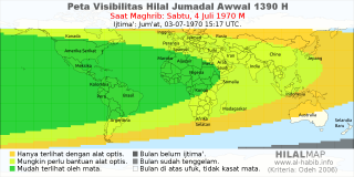 HilalMap: Peta Visibilitas Hilal Jumadal-Awwal 1390 H: rukyat tanggal 1970-7-4 M