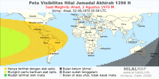 HilalMap: Peta Visibilitas Hilal Jumadal-Akhirah 1390 H: rukyat tanggal 1970-8-2 M