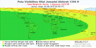 HilalMap: Peta Visibilitas Hilal Jumadal-Akhirah 1390 H: rukyat tanggal 1970-8-3 M