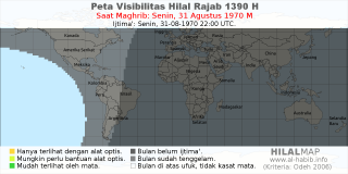 HilalMap: Peta Visibilitas Hilal Rajab 1390 H: rukyat tanggal 1970-8-31 M