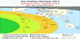 HilalMap: Peta Visibilitas Hilal Rajab 1390 H: rukyat tanggal 1970-9-1 M