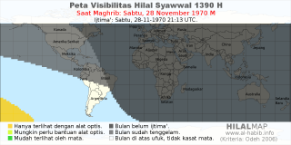 HilalMap: Peta Visibilitas Hilal Syawwal 1390 H: rukyat tanggal 1970-11-28 M