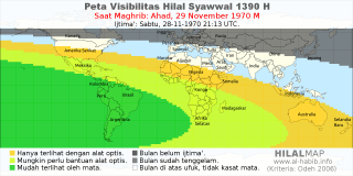 HilalMap: Peta Visibilitas Hilal Syawwal 1390 H: rukyat tanggal 1970-11-29 M