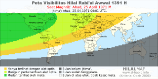 HilalMap: Peta Visibilitas Hilal Rabiul-Awwal 1391 H: rukyat tanggal 1971-4-25 M