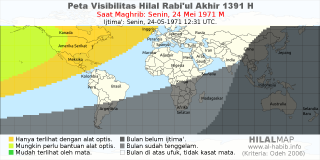 HilalMap: Peta Visibilitas Hilal Rabiul-Akhir 1391 H: rukyat tanggal 1971-5-24 M