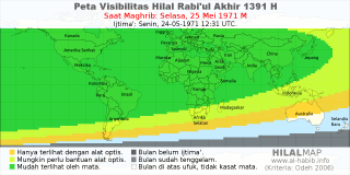 HilalMap: Peta Visibilitas Hilal Rabiul-Akhir 1391 H: rukyat tanggal 1971-5-25 M