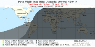HilalMap: Peta Visibilitas Hilal Jumadal-Awwal 1391 H: rukyat tanggal 1971-6-22 M
