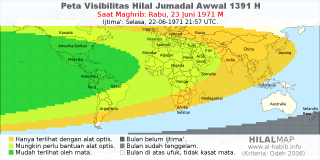 HilalMap: Peta Visibilitas Hilal Jumadal-Awwal 1391 H: rukyat tanggal 1971-6-23 M