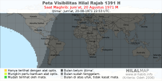 HilalMap: Peta Visibilitas Hilal Rajab 1391 H: rukyat tanggal 1971-8-20 M