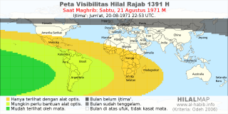 HilalMap: Peta Visibilitas Hilal Rajab 1391 H: rukyat tanggal 1971-8-21 M