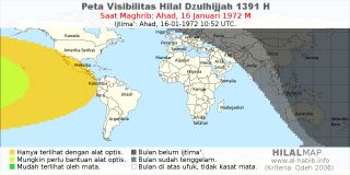 HilalMap: Peta Visibilitas Hilal Dzulhijjah 1391 H: rukyat tanggal 1972-1-16 M