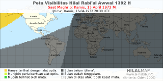 HilalMap: Peta Visibilitas Hilal Rabiul-Awwal 1392 H: rukyat tanggal 1972-4-13 M