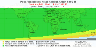 HilalMap: Peta Visibilitas Hilal Rabiul-Akhir 1392 H: rukyat tanggal 1972-5-14 M
