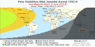HilalMap: Peta Visibilitas Hilal Jumadal-Awwal 1392 H: rukyat tanggal 1972-6-11 M
