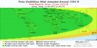 HilalMap: Peta Visibilitas Hilal Jumadal-Awwal 1392 H: rukyat tanggal 1972-6-12 M