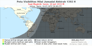 HilalMap: Peta Visibilitas Hilal Jumadal-Akhirah 1392 H: rukyat tanggal 1972-7-10 M