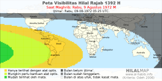 HilalMap: Peta Visibilitas Hilal Rajab 1392 H: rukyat tanggal 1972-8-9 M