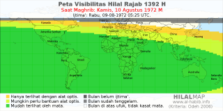 HilalMap: Peta Visibilitas Hilal Rajab 1392 H: rukyat tanggal 1972-8-10 M