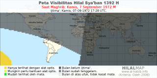 HilalMap: Peta Visibilitas Hilal Syaban 1392 H: rukyat tanggal 1972-9-7 M